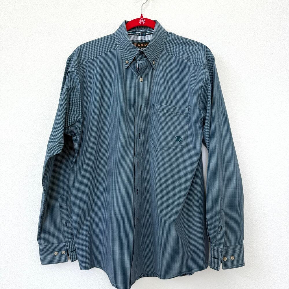 Ariat Pro Series Shirt Blue Micro Check Long Sleeve Button Front Western M